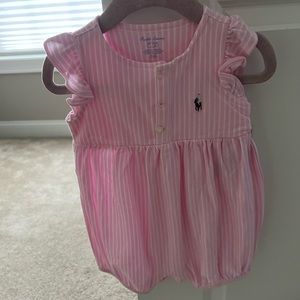 Polo Baby Pink Stripe Oxford Ruffle Bubble Romper